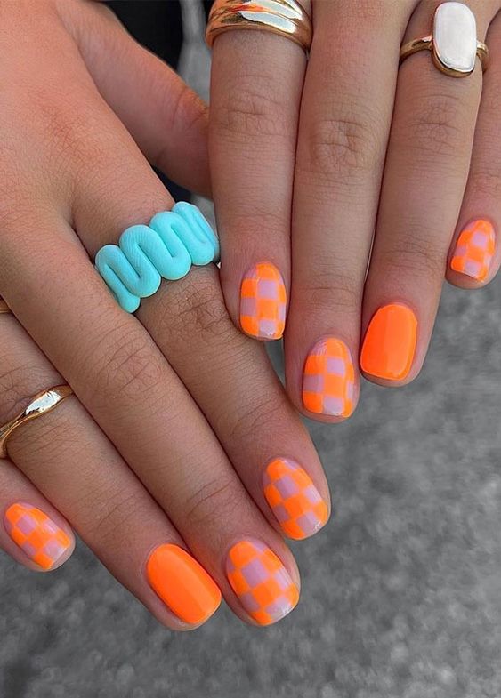 Neon Orange Checkerboard Nails